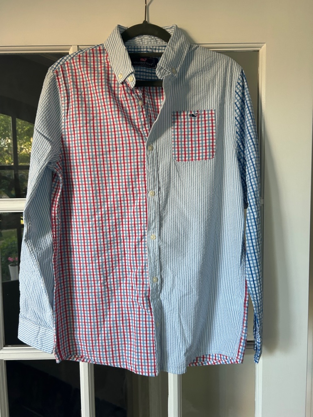 Boy’s Mixed-Pattern Button-Down Shirt in Light Blue and Red